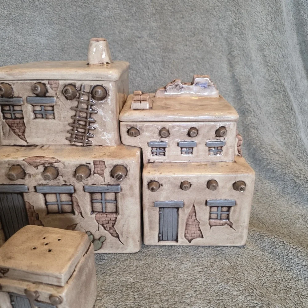 Southwest  Adobe Pueblo Canisters 4 Buildings Lids Salt And Pepper Shakers